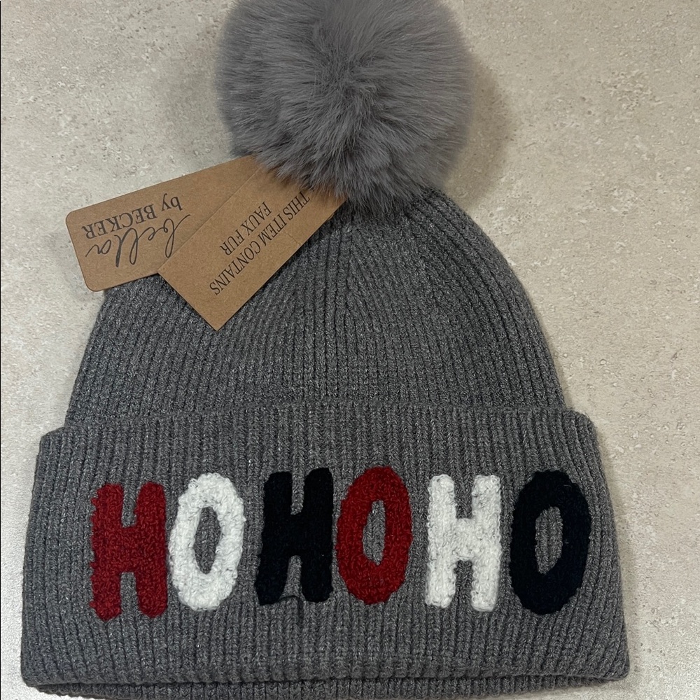 Gray Pom-Pom Beanie with Festive Design